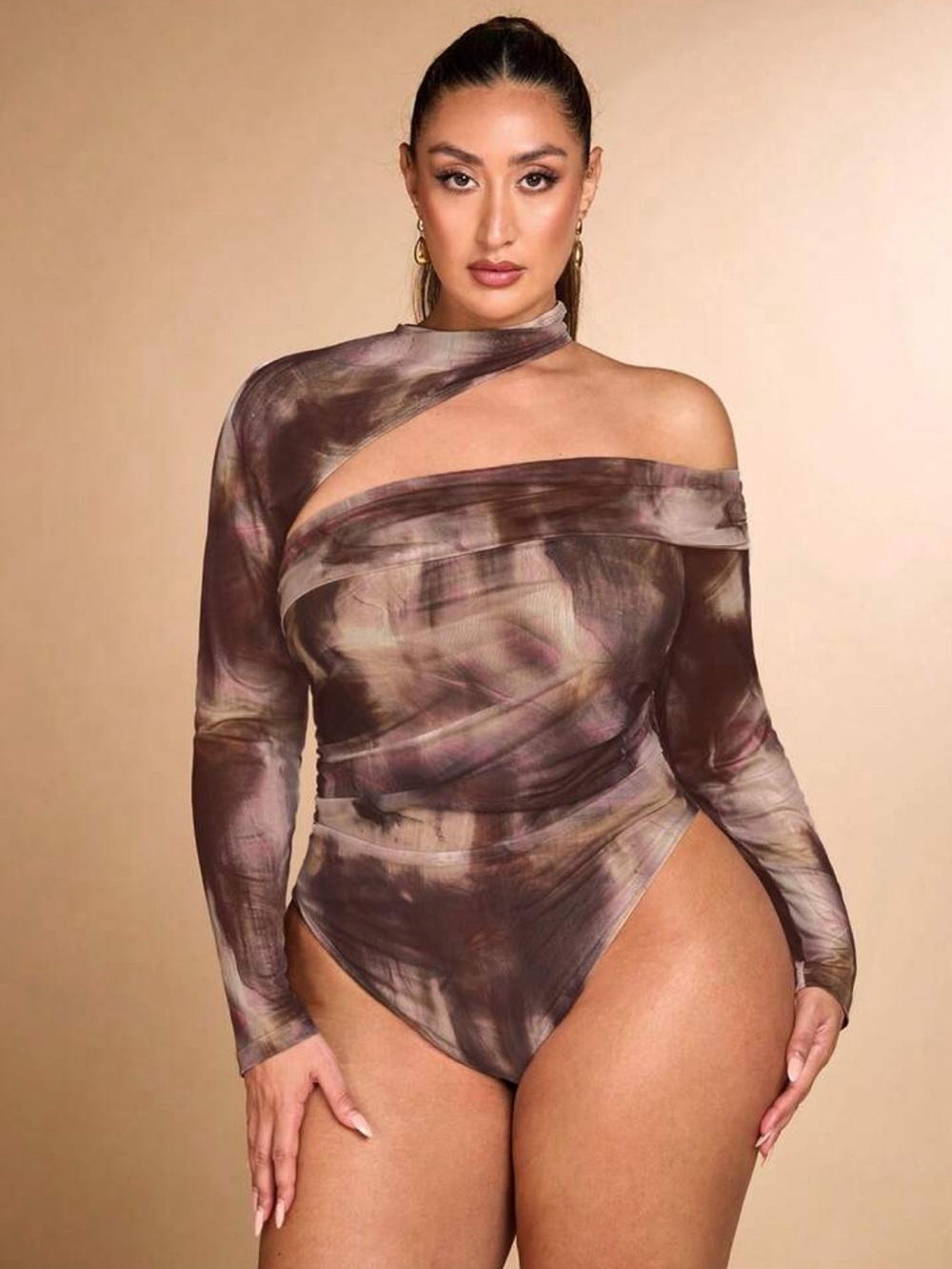 SHEIN Brown Tie-Dye Asymmetric One-Shoulder Long Sleeve Bodysuit